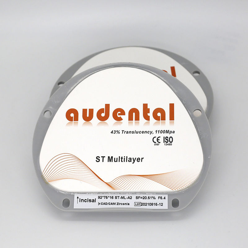 1100Mpa 43% Translucent ST Mutilayer Zirconia Blocks for Smooth Veneers Vita 16 Color