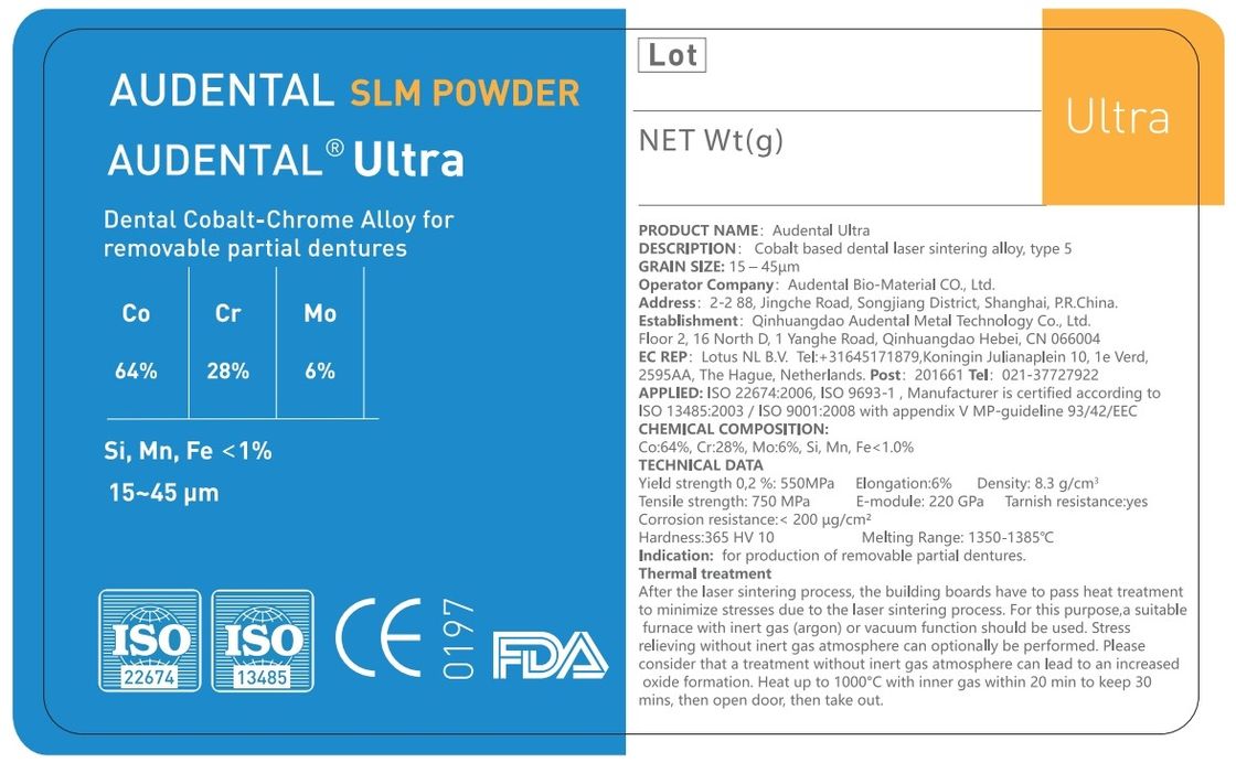 Audental Ultra SLM Powder CoCrMo Material for CE FDA IdentAlloy Certified Dental 3D Metal Printing